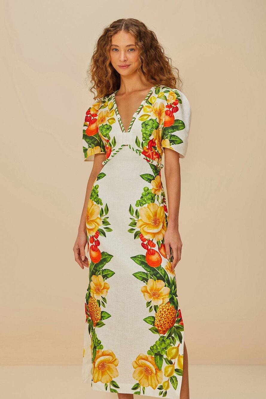 Farm Rio linen off-white picnic flowers maxi dress